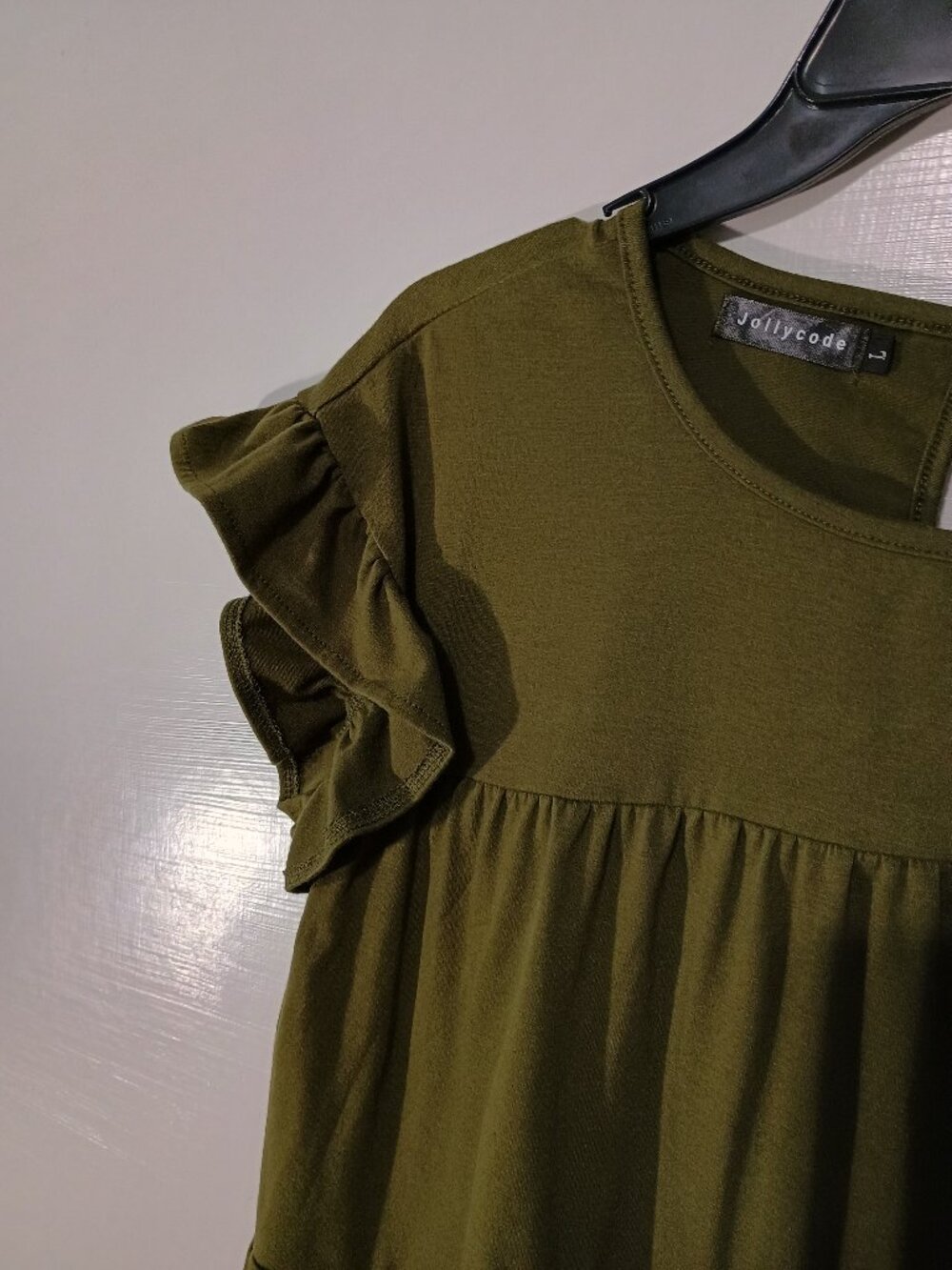 Jollycode Olive Green Ruffle Sleeve Babydoll Top Size S Tiered Peplum Flutter Sl - Picture 3 of 7